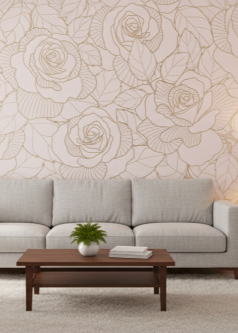 Large Scale Gold Rose Line Art Mural
