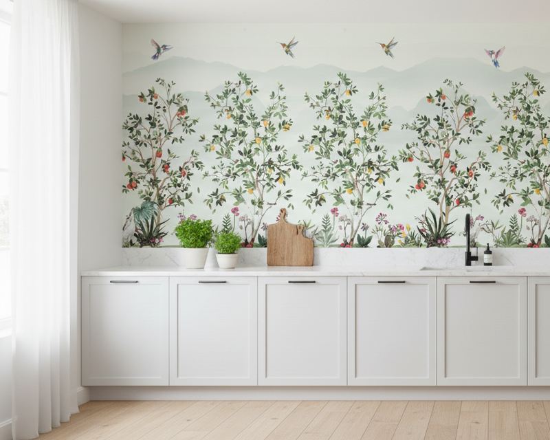 Modern kitchen with white cabinets, wooden shelves, and decorative plants.