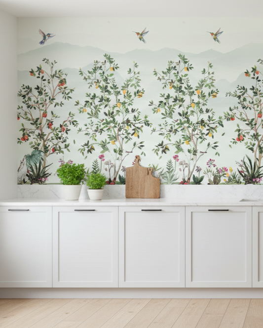 Botanical Grove Wall Mural, Hummingbird Décor, Lush Garden Scene