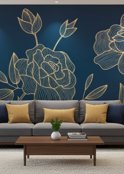 Luxury Gold Line Art Flower Wall Mural