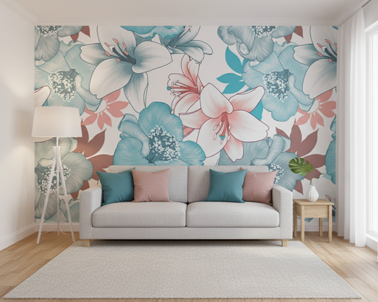 Living room with a floral wall mural and a gray sofa.