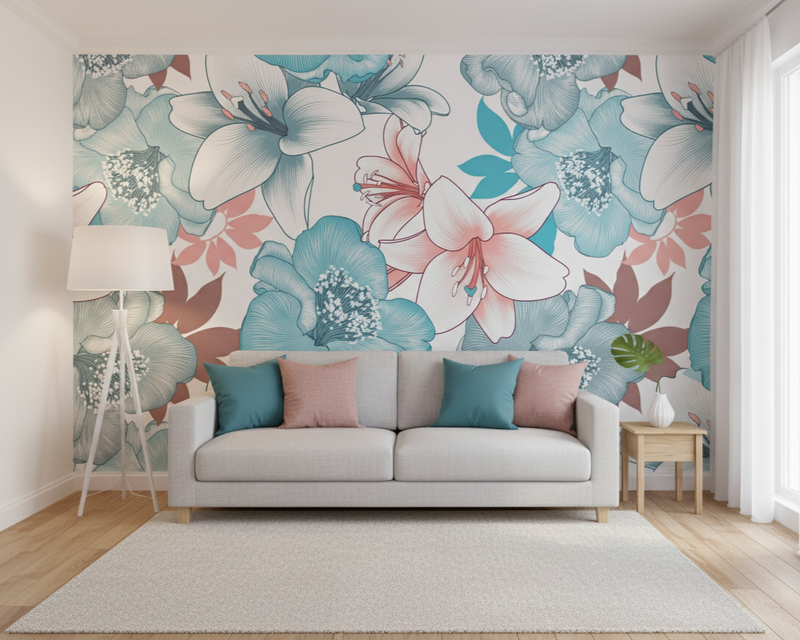 Living room with a floral wall mural and a gray sofa.