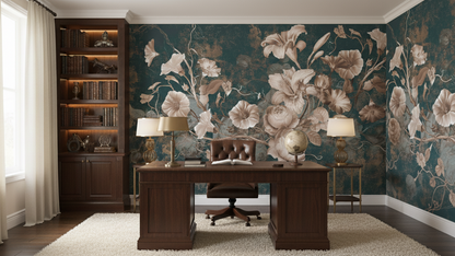 Stylish office with floral wallpaper, wooden desk, and bookshelf.