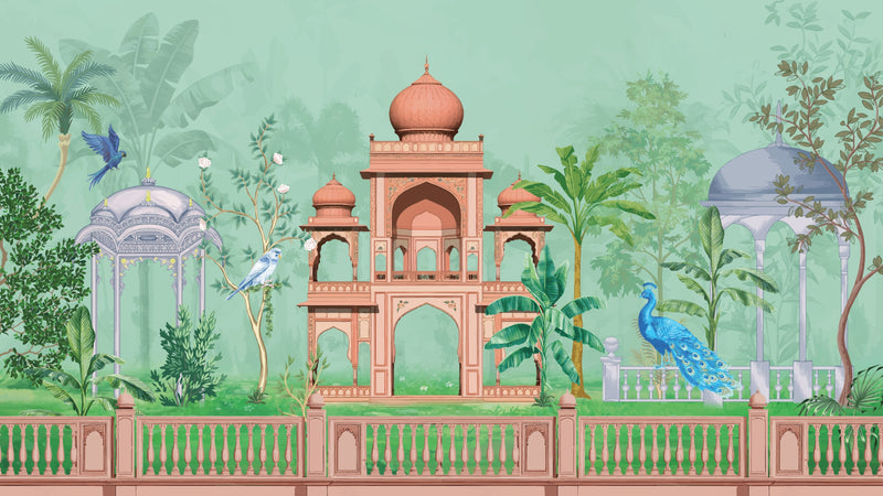 Decorative scene with architectural elements, peacocks, and tropical plants on a light green background.