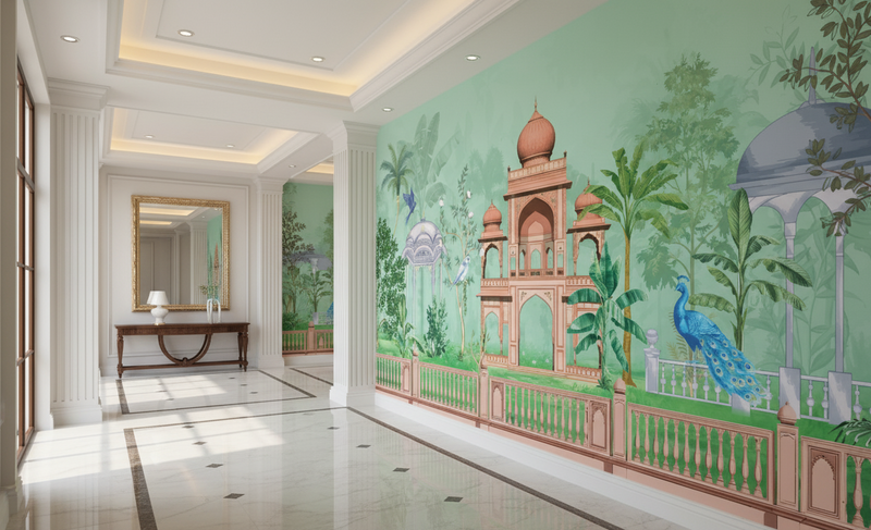 Decorative mural of a temple and peacock in a room with white walls and a mirror.
