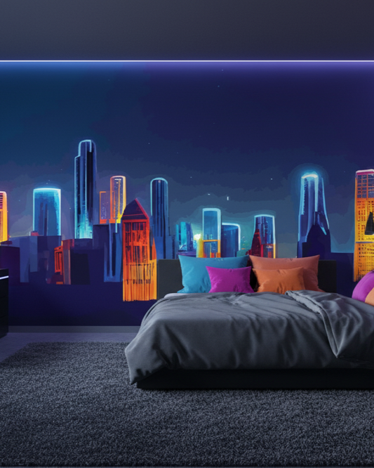 Modern bedroom with colorful cityscape wall mural and LED lighting