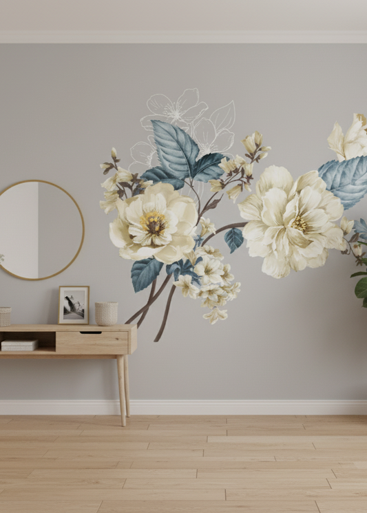 Room interior with floral wall decal, wooden console table, and potted plant.