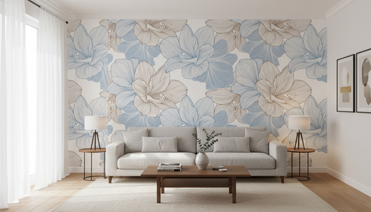 Living room with floral wallpaper, gray sofa, and wooden coffee table.