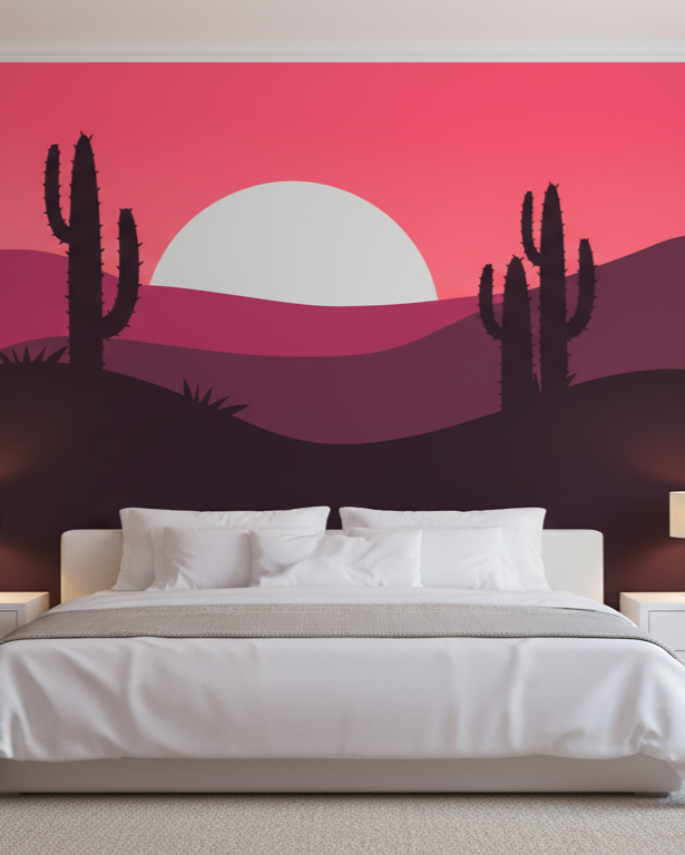 Modern bedroom with a desert-themed wall mural featuring cacti and a sunset.