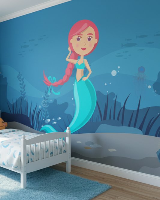Children's bedroom with mermaid mural on the wall