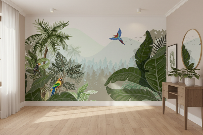 Room interior with a wall mural of tropical plants and birds.