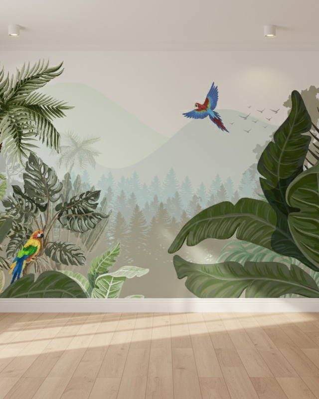 Wall mural with tropical plants and parrots in a room with wooden flooring.