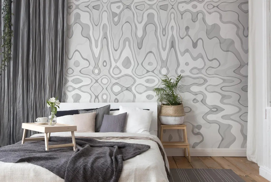 Transform your walls with a wavy abstract mural. This modern gray and white liquid lines design is perfect for a minimalist and artistic aesthetic.