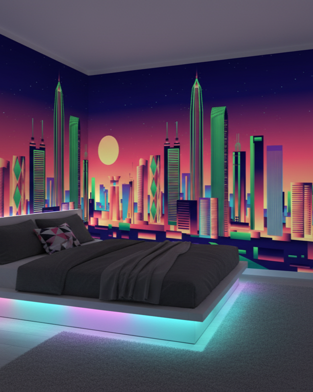 Modern bedroom with neon cityscape wall mural and gaming setup.