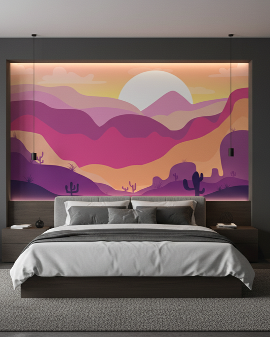 Modern bedroom with a colorful desert mural on the wall