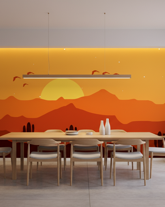 Modern dining room with a sunset mural on the wall