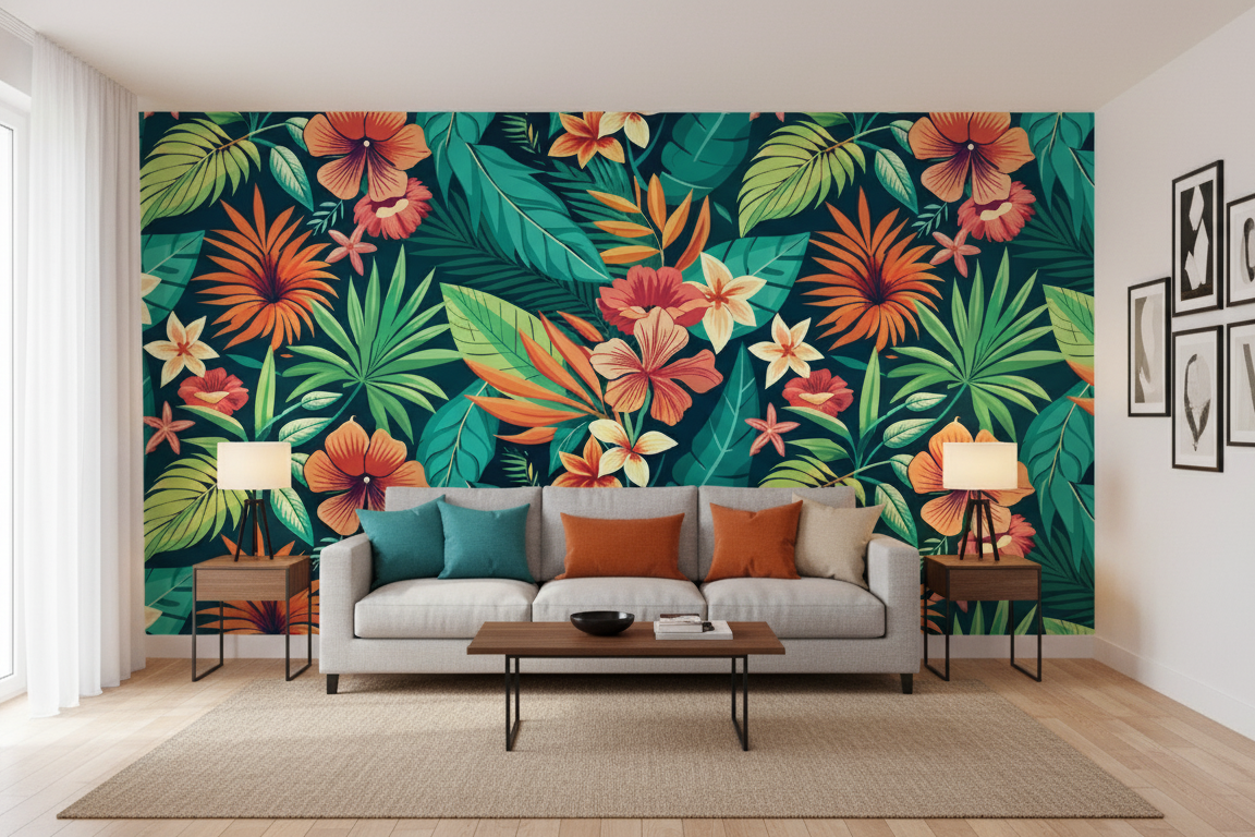 Living room with a colorful tropical wall mural and modern furniture.