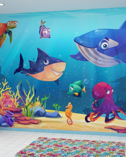 Vibrant Undersea Adventure Mural, Cartoon Ocean Wall Decor