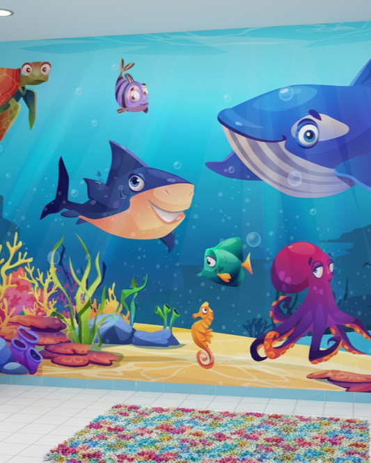 Vibrant Undersea Adventure Mural, Cartoon Ocean Wall Decor