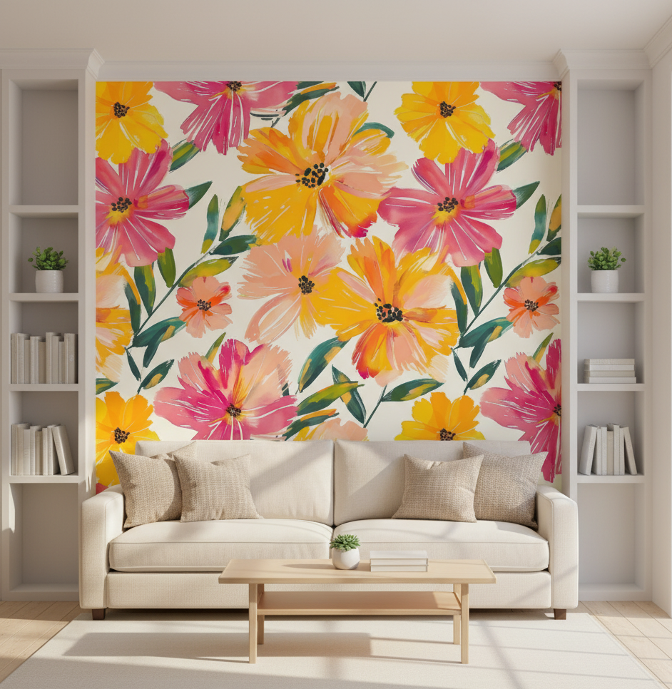 Living room with a floral wall mural, beige sofa, and wooden coffee table.
