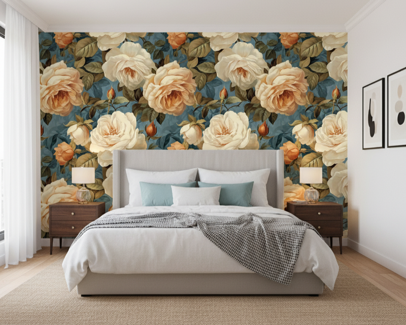 Bedroom with floral wallpaper, bed, and nightstands.
