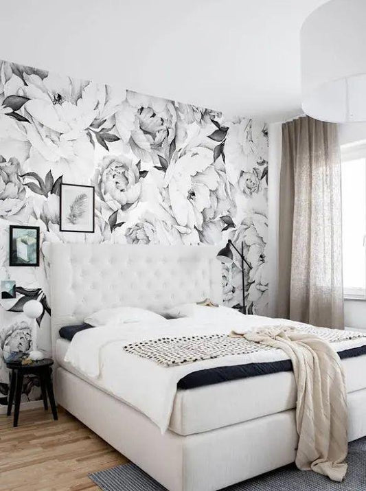 Large Black and White Peony Floral Wall Mural