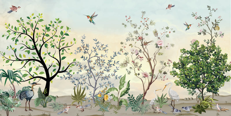 Illustration of trees and birds in a garden setting with a pastel sky.