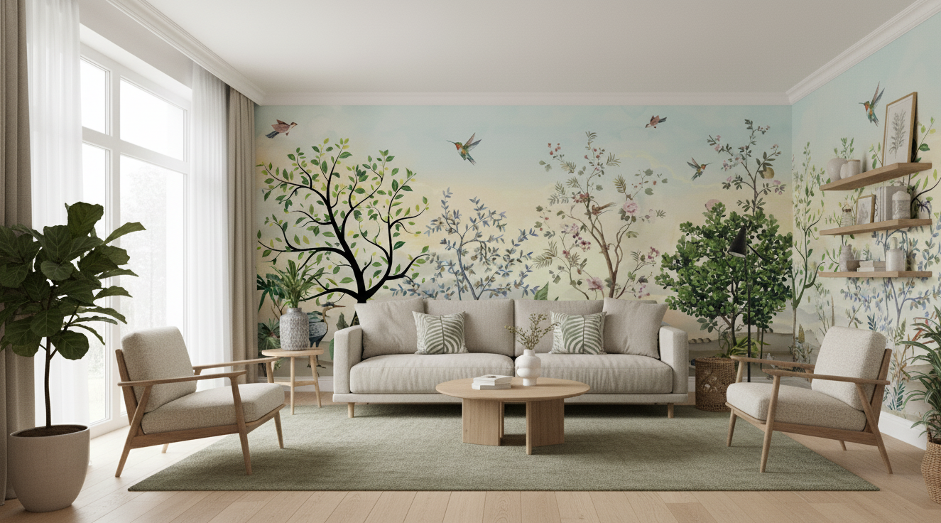 Living room with a large wall mural of trees and birds, featuring a sofa, chairs, and decorative elements.