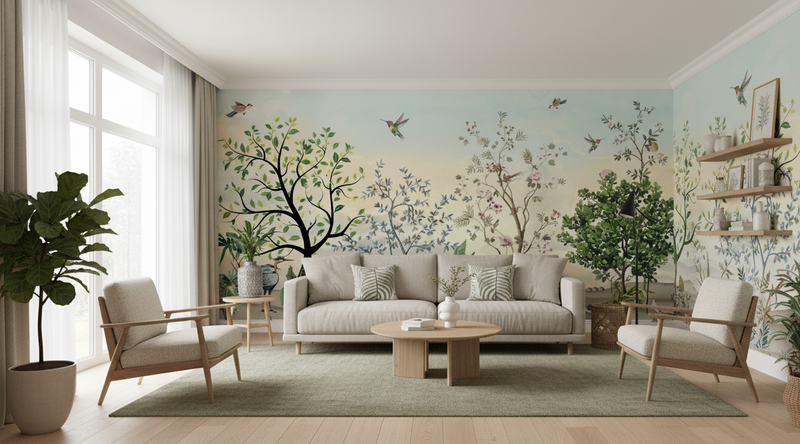 Living room with a large wall mural of trees and birds, featuring a sofa, chairs, and decorative elements.