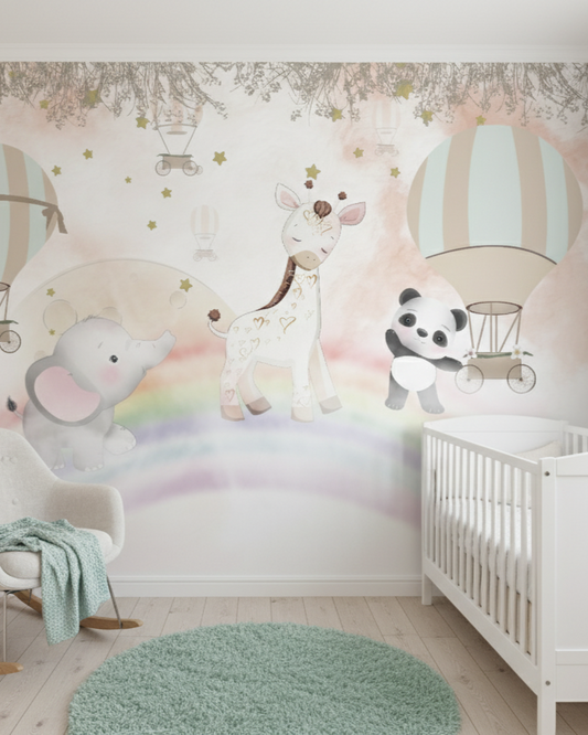 Children's room with a mural of cartoon animals and hot air balloons, a crib, and rocking chair.