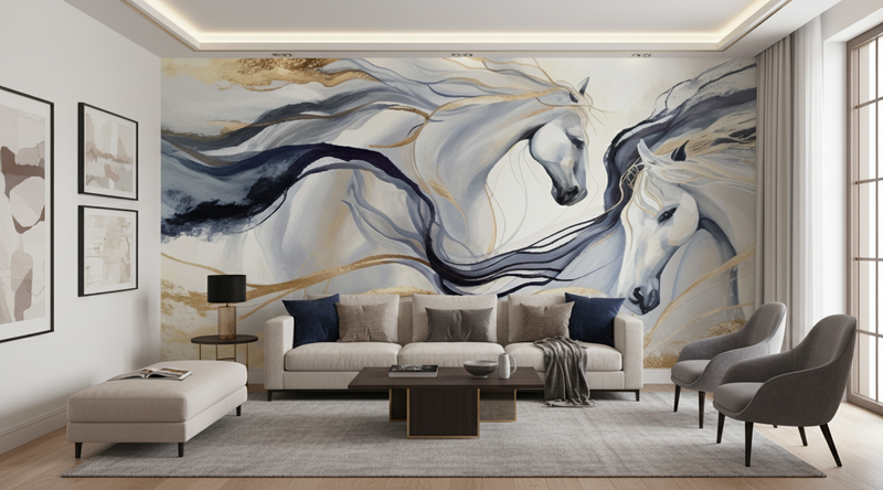 Elegant White Horses Wall Art Mural