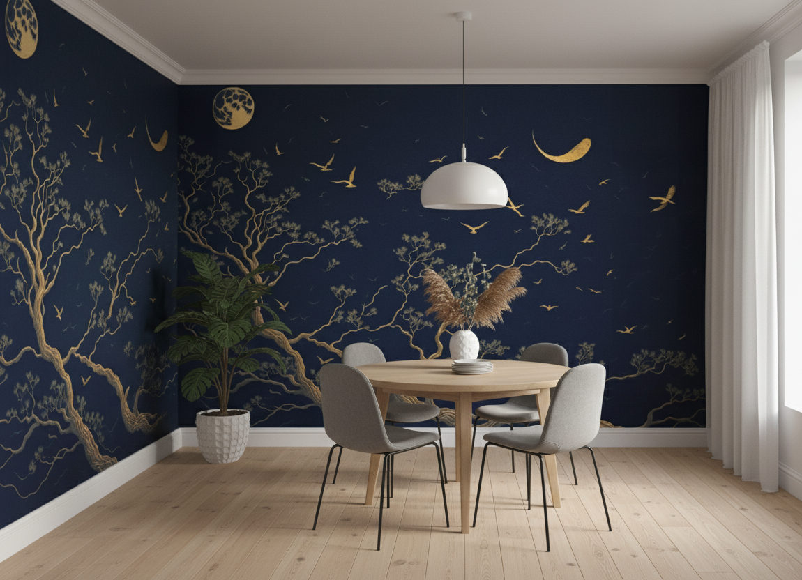 Golden Tree & Birds on Deep Navy Night Sky Mural