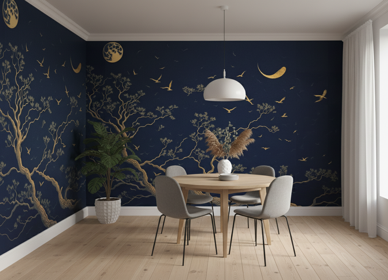 Golden Tree & Birds on Deep Navy Night Sky Mural