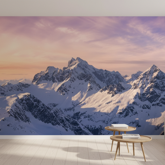 Snowy Mountain Peak Sunset Wall Mural, Photorealistic