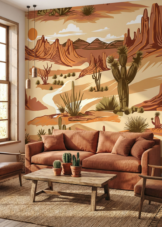 Living room with a desert-themed wall mural, brown sofa, and wooden coffee table.