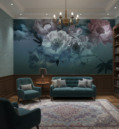 Living room with teal sofa, armchair, and floral wall mural.