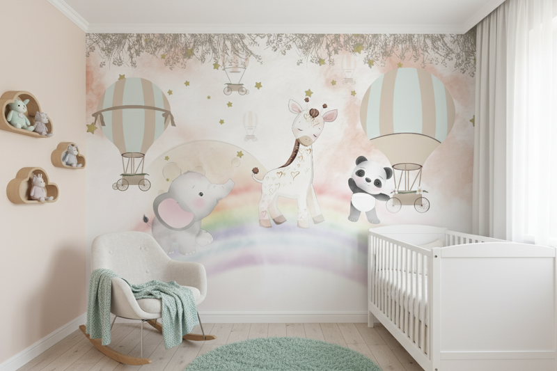 Children's room with a mural of cartoon animals and hot air balloons, a crib, and rocking chair.