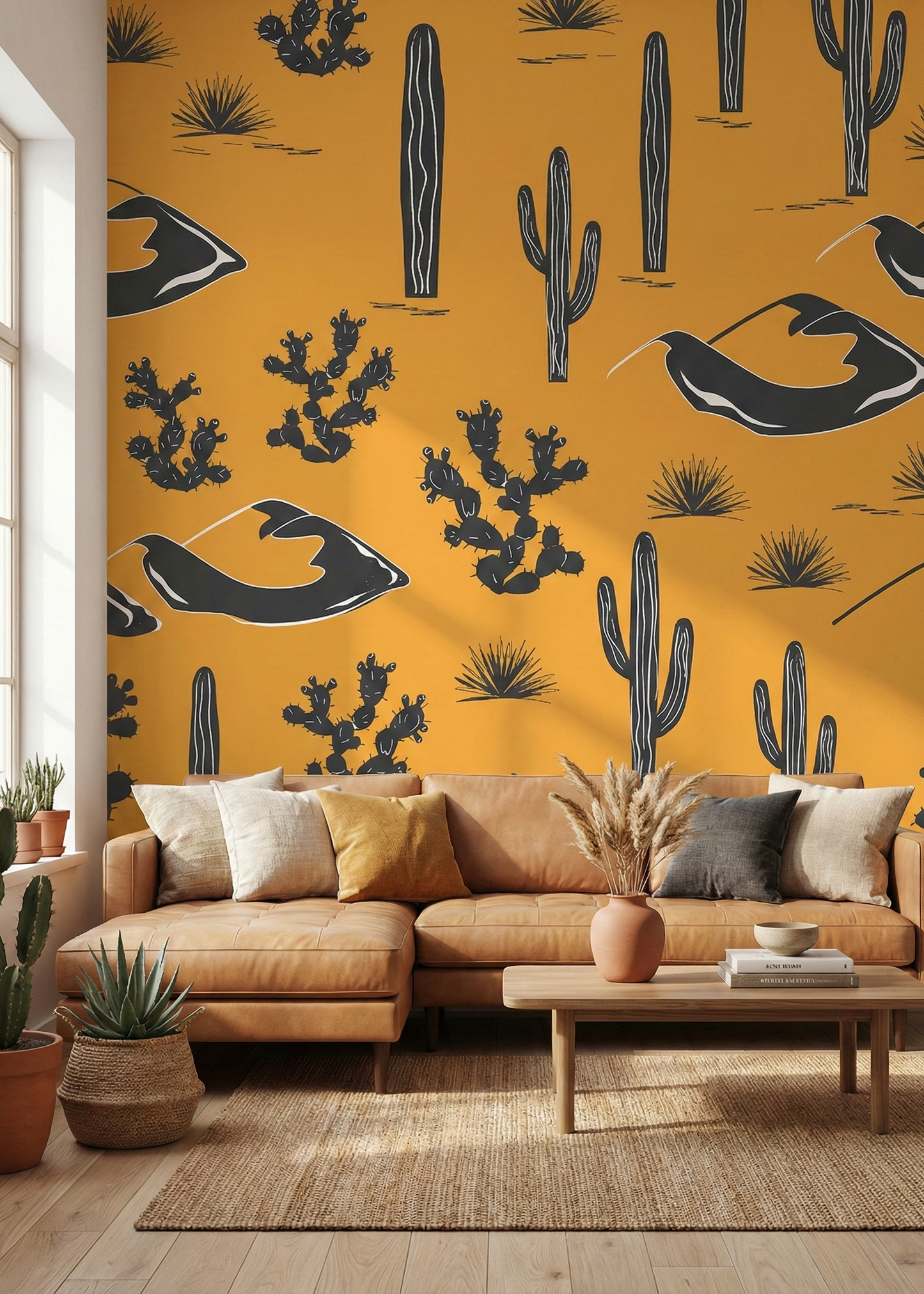Living room with a brown sectional sofa against a wall with a cactus pattern.