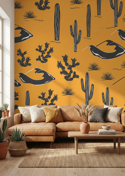 Living room with a brown sectional sofa against a wall with a cactus pattern.