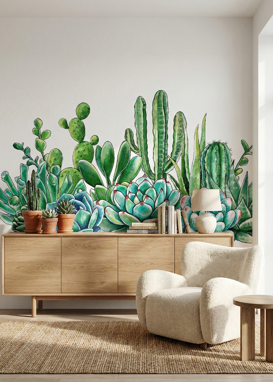 Living room with a wooden cabinet, white armchair, and large cactus mural on the wall.