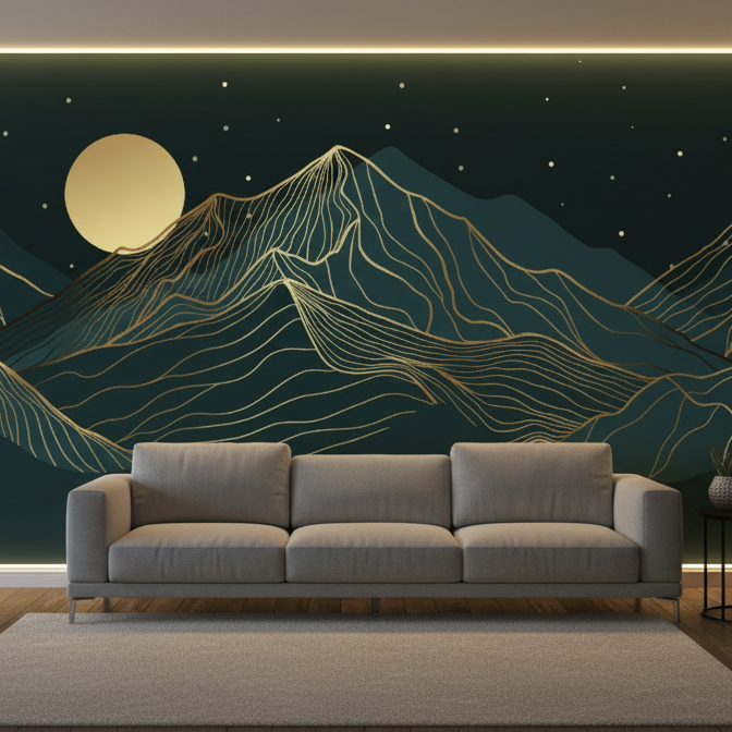Gray sofa in front of a wall with mountain and moon design