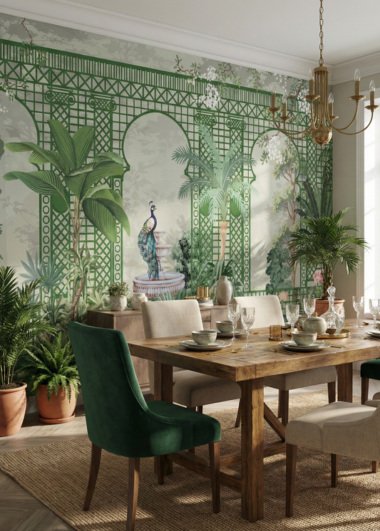 Dining room with wooden table, green chairs, and decorative wall art.