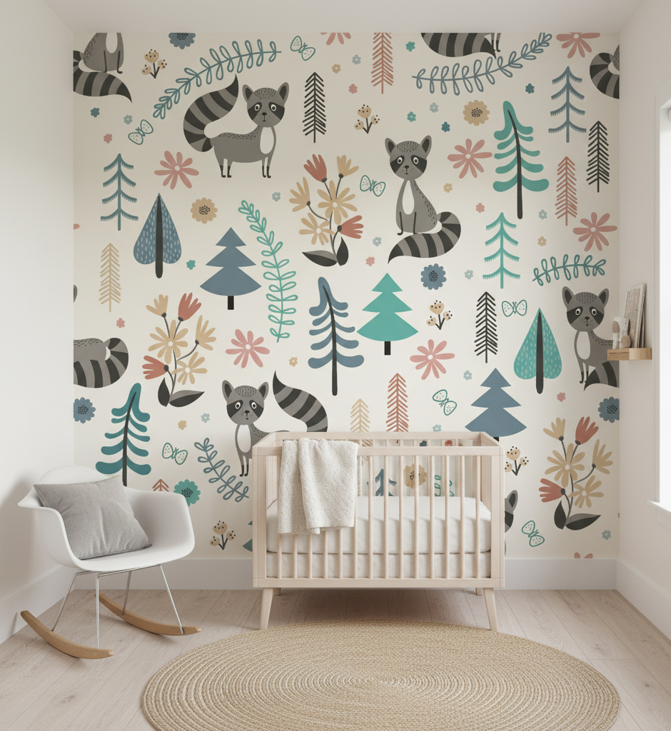 Raccoon Meadow Mural, Whimsical Forest Friends in Soft Pastels