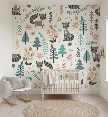 Raccoon Meadow Mural, Whimsical Forest Friends in Soft Pastels