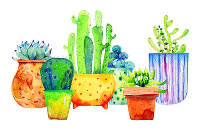 Whimsical Watercolor Potted Cactus Mural - Bright Neon Succulent Wall Art