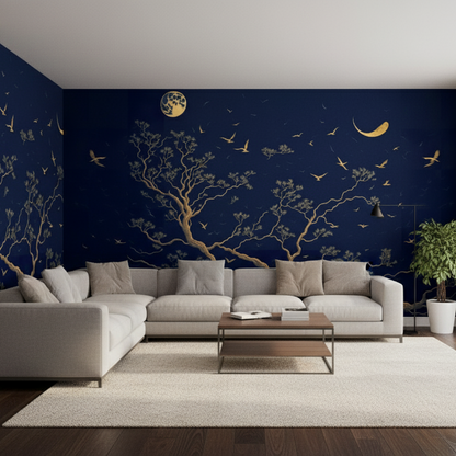 Golden Tree & Birds on Deep Navy Night Sky Mural