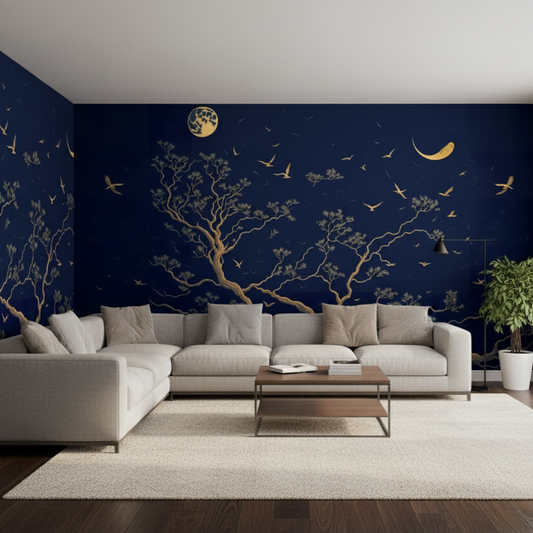Golden Tree & Birds on Deep Navy Night Sky Mural