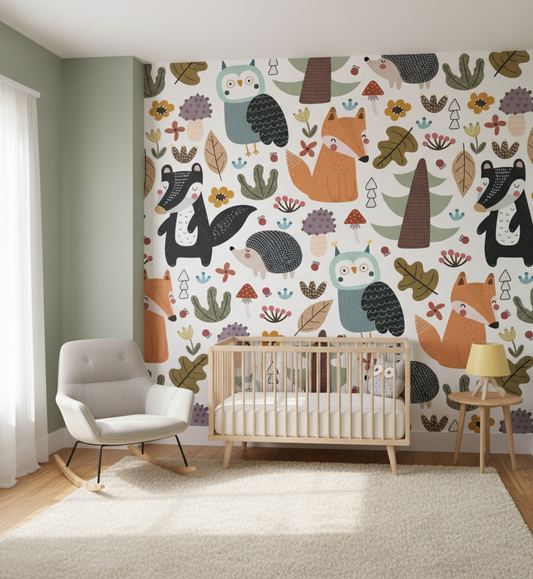 Nursery room with a crib, rocking chair, and wall mural featuring animals and nature.