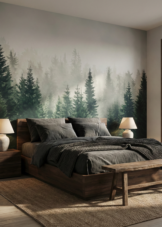 Bedroom with forest mural on wall, wooden bed, and lamps.