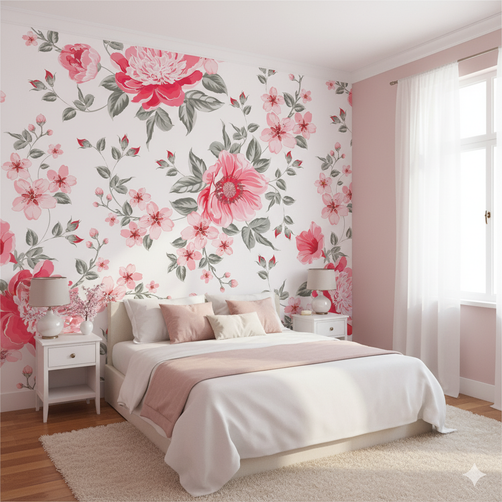 Bedroom with floral wallpaper and pink accents